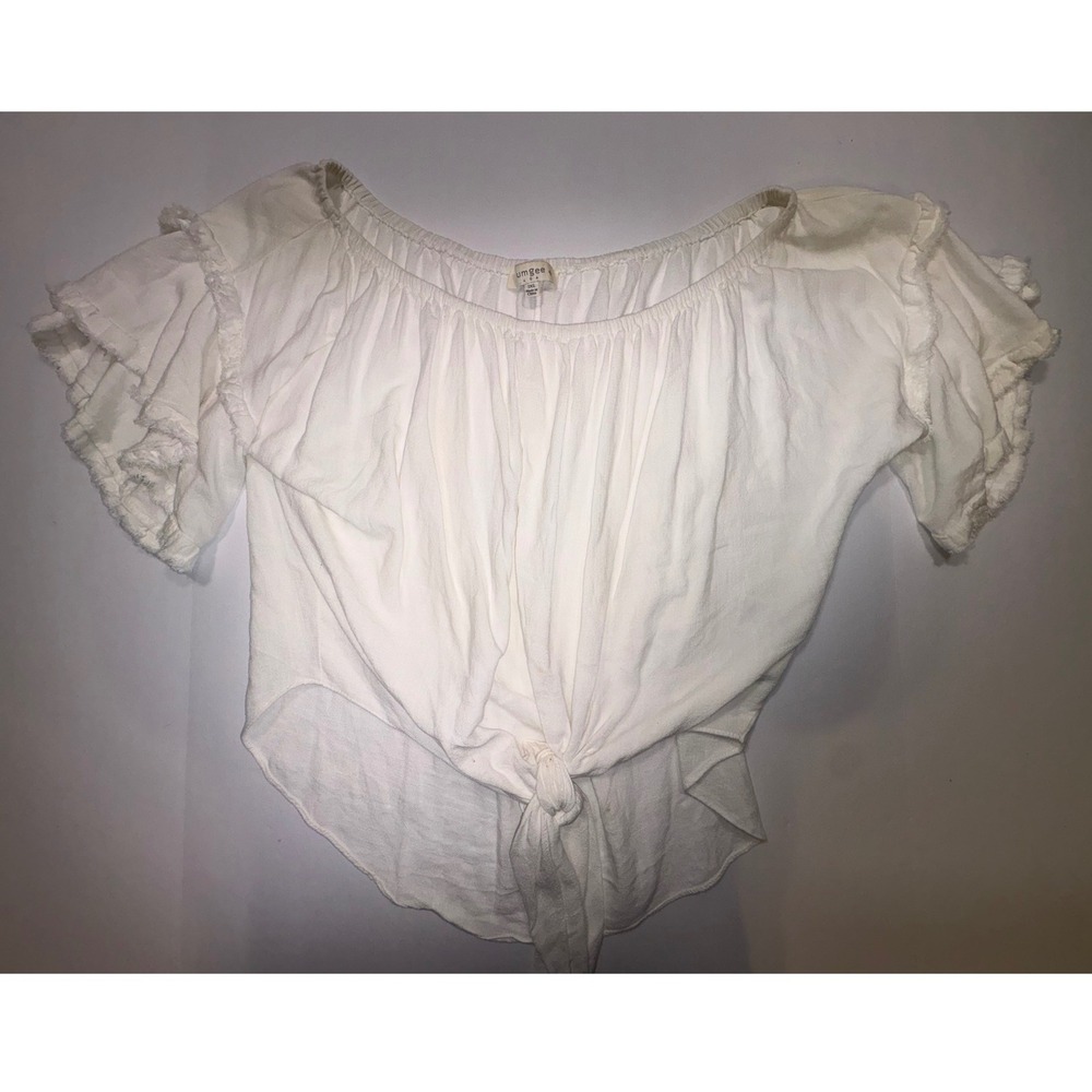 Umgee Ivory Linen Blend Off Shoulder Ruffle Sleeve Tie Front Top Plus 1XL WC1965